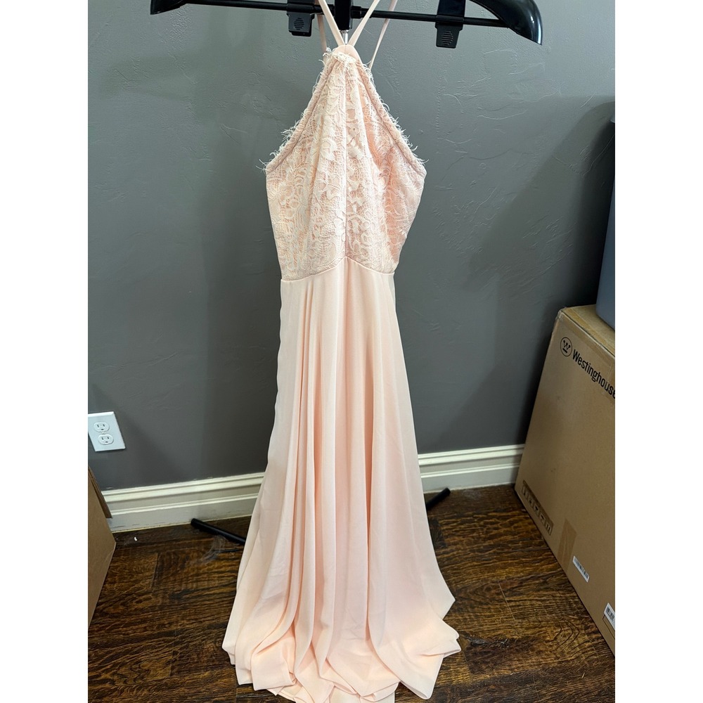 Lulus Peach Pink Lace Halter Maxi Dress Eyelash Trim Formal Gown Small